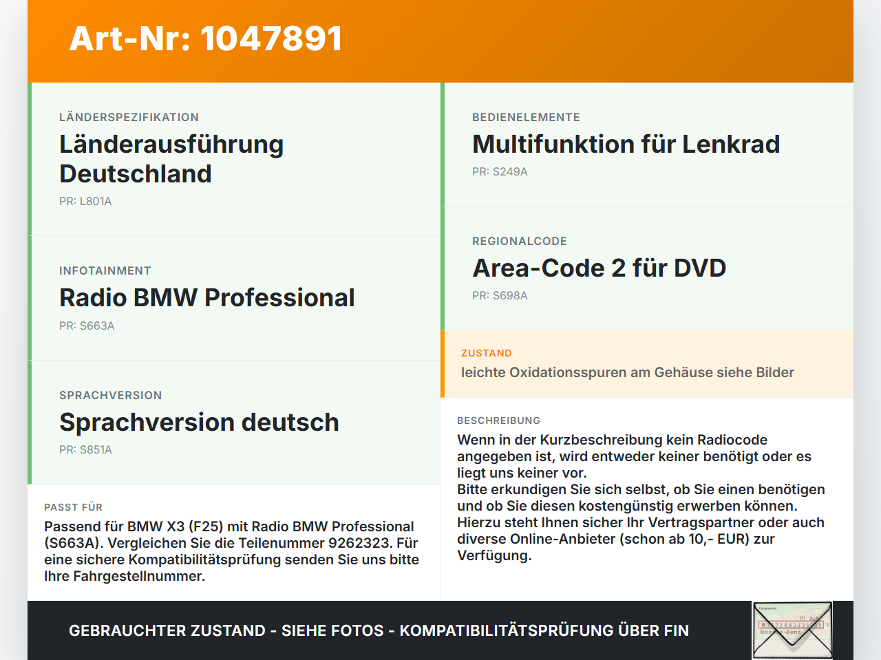 BMW X3 F25 10-14 Autoradio CD-Radio BMW X3 F25 10-14 20.03.2012 9262323 CI926232301 AL2516C0111992 gebraucht Vorschau 3