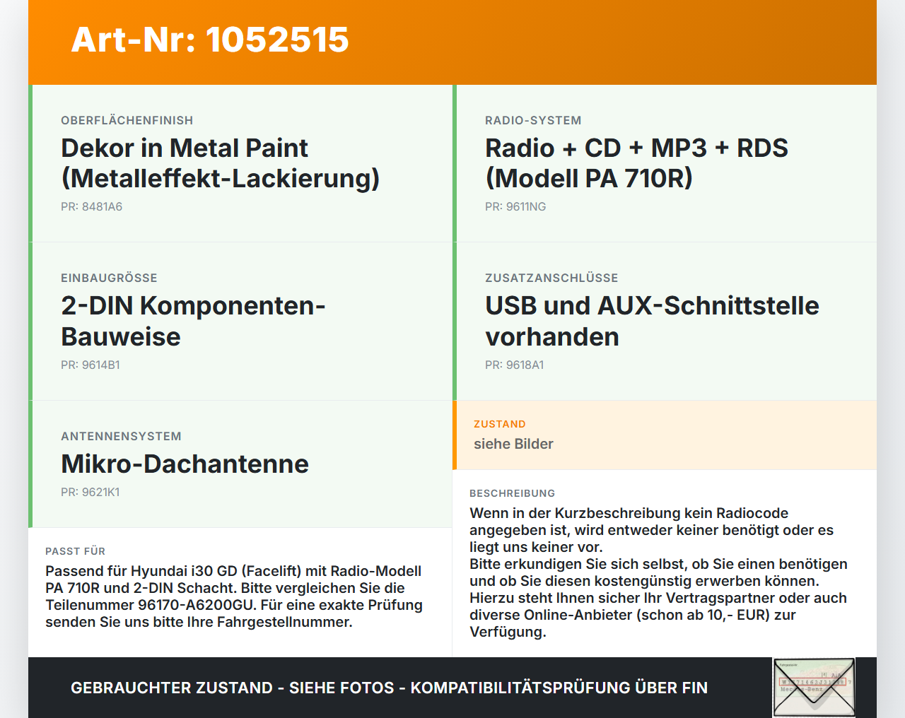 Hyundai I 30 GD 15-17 Autoradio CD-Radio Hyundai I 30 GD 15-17 30.10.2015 96170-A6200GU gebraucht Vorschau 3