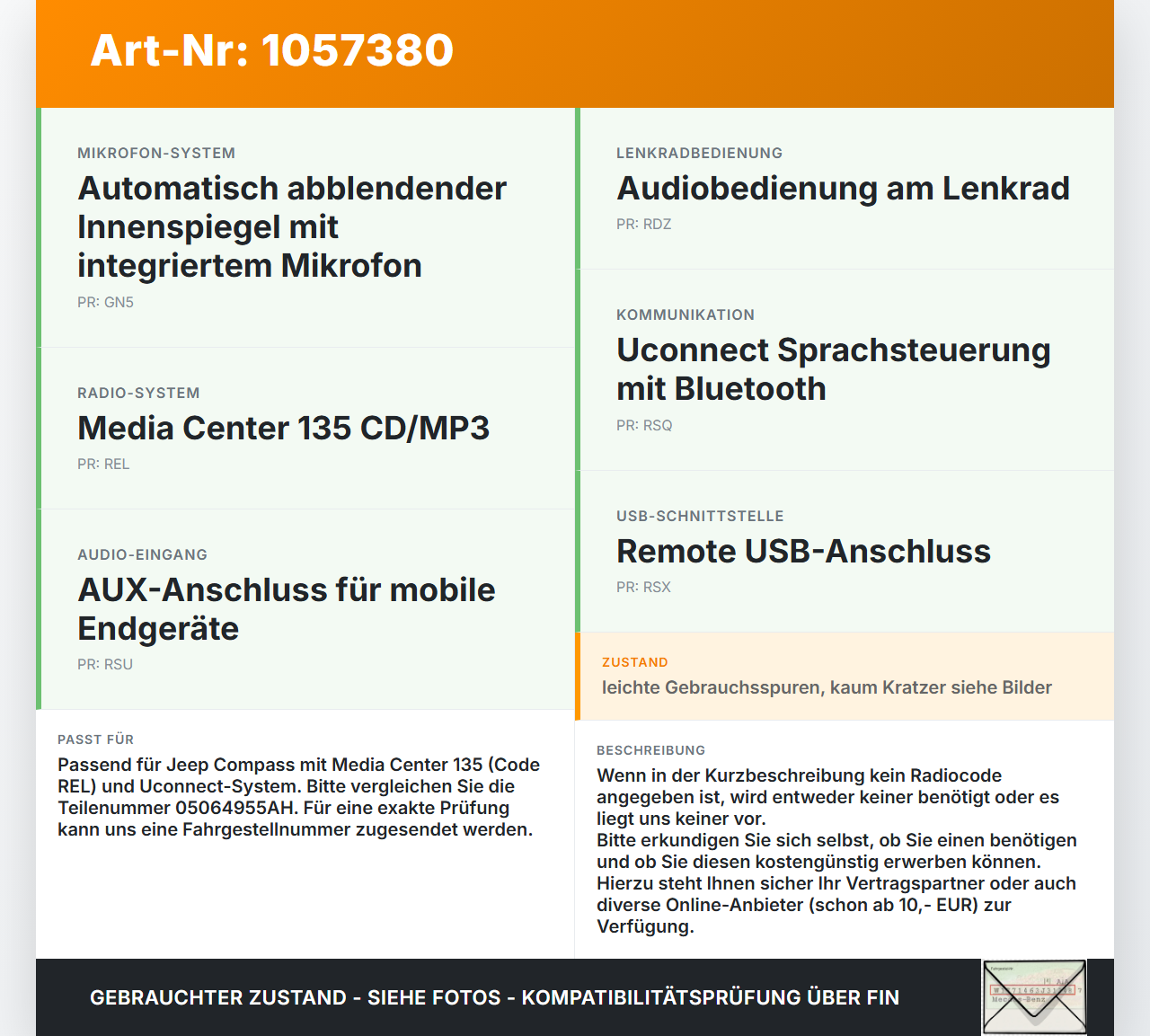 Jeep Compass MK49 10-14 Autoradio CD-Radio Jeep Compass MK49 10-14 31.01.2014 05064955AH gebraucht Vorschau 3