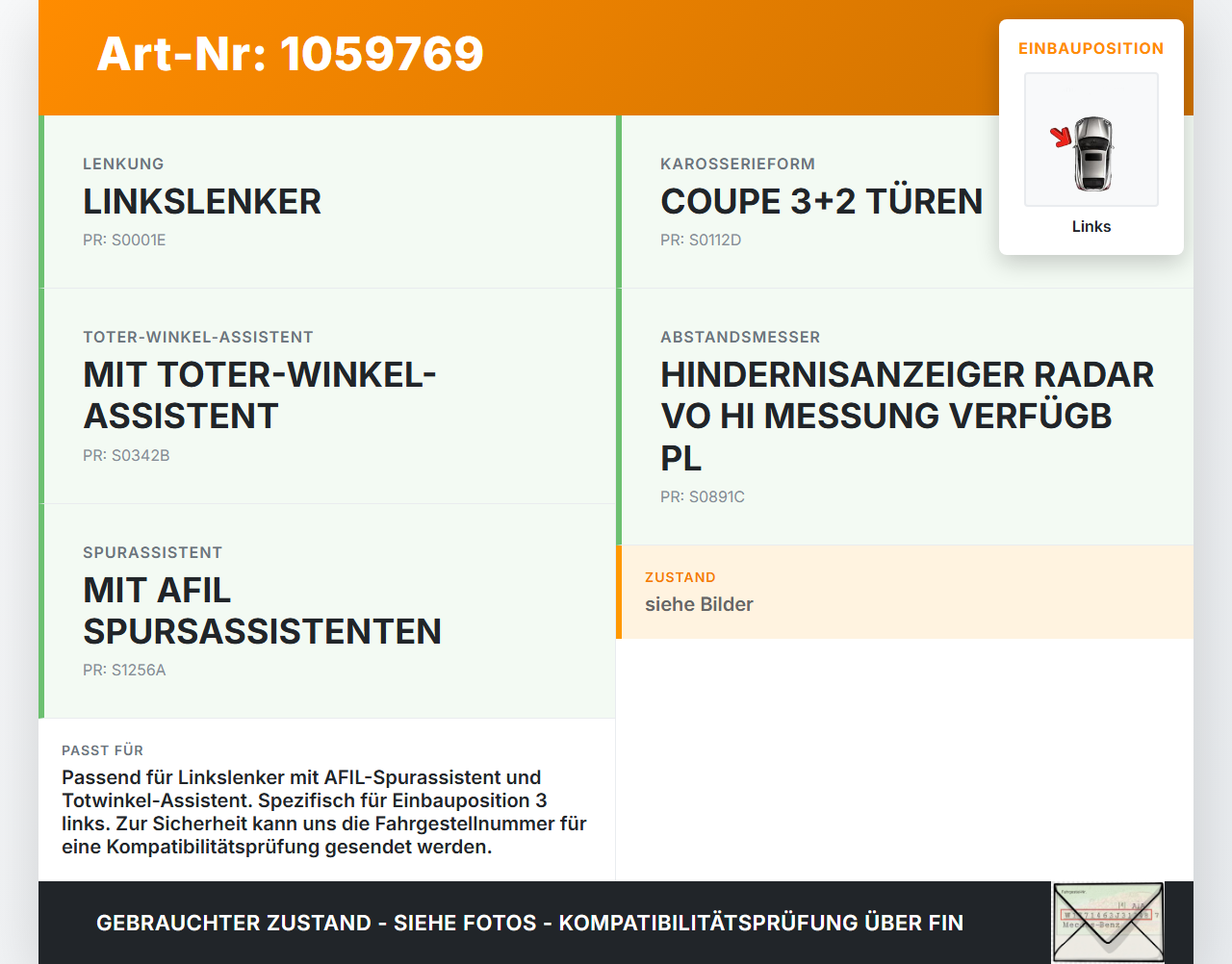 Citroen DS4 NX 11-15 1,6 115KW Sensor AFIL Spurhalteassistent Pos.3 Links Citroen DS4 NX 11-15 20.05.2011... Vorschau 3