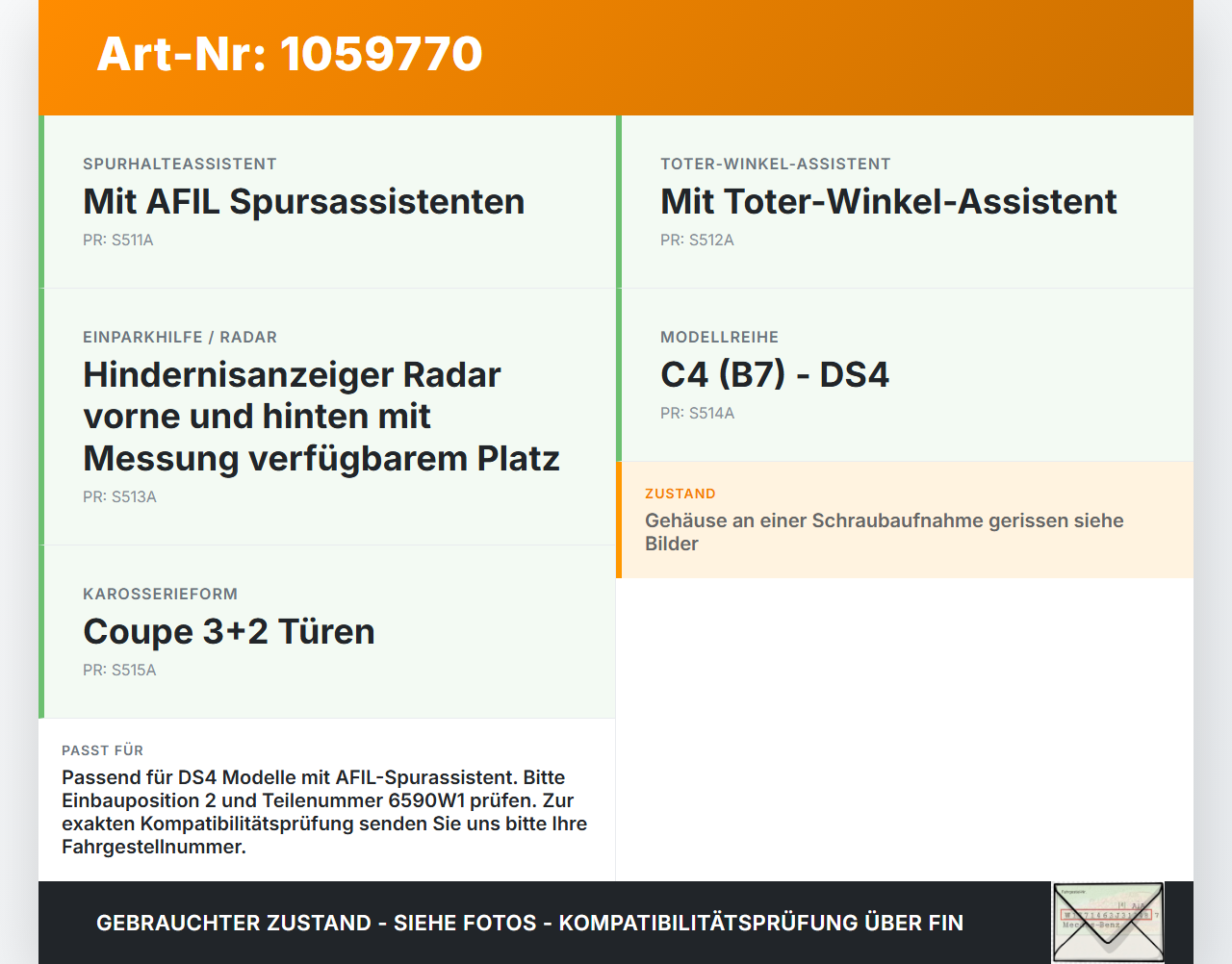 Citroen DS4 NX 11-15 1,6 115KW Sensor AFIL Spurhalteassistent Pos.2 Citroen DS4 NX 11-15 20.05.2011 9663116280 gebraucht Vorschau 3
