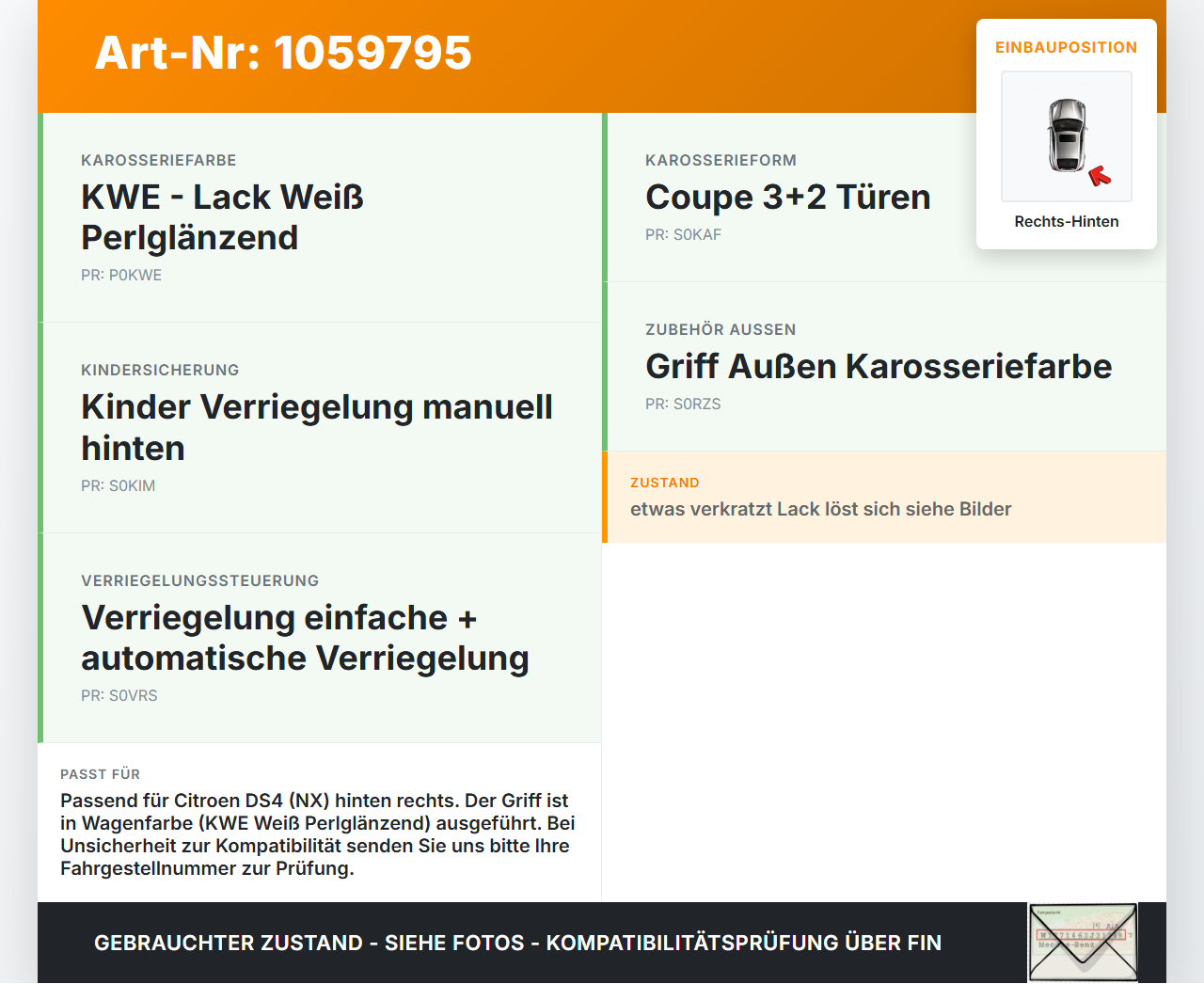 Citroen DS4 NX 11-15 Türgriff Griff aussen Rechts Hinten KWE Citroen DS4 NX 11-15 20.05.2011 9687712077 gebraucht Vorschau 3
