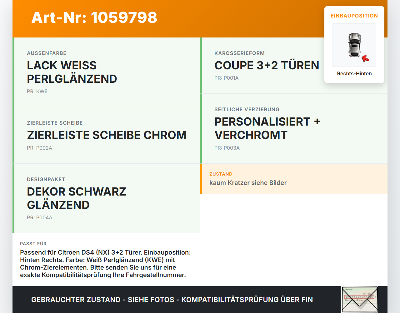Citroen DS4 NX 11-15 Abdeckung Tür Rechts Hinten Citroen DS4 NX 11-15 20.05.2011 9674191177 gebraucht Vorschau 3
