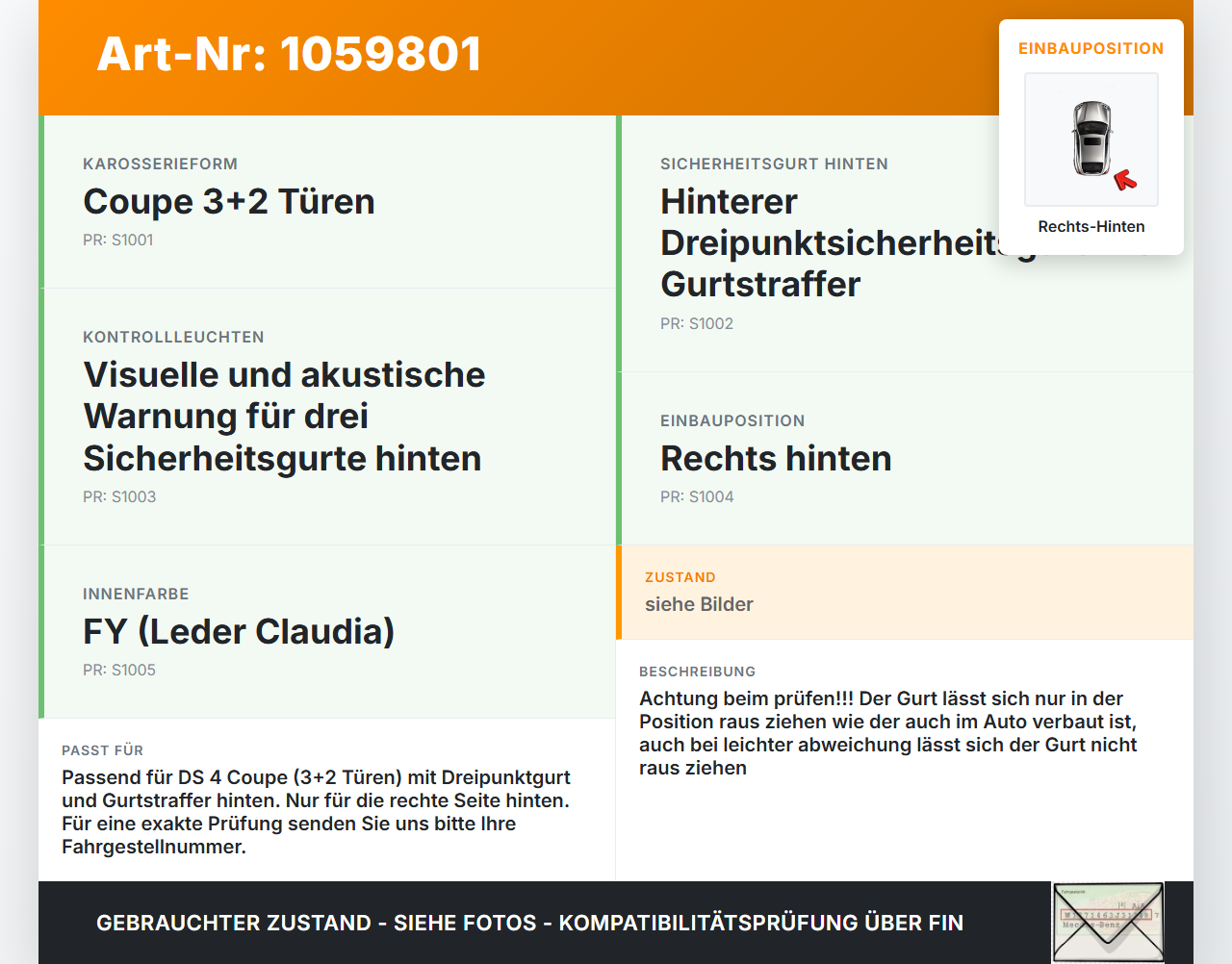 Citroen DS4 NX 11-15 Gurt Sicherheitsgurt Rechts Hinten Citroen DS4 NX 11-15 20.05.2011 0390204029 3052985 gebraucht Vorschau 3