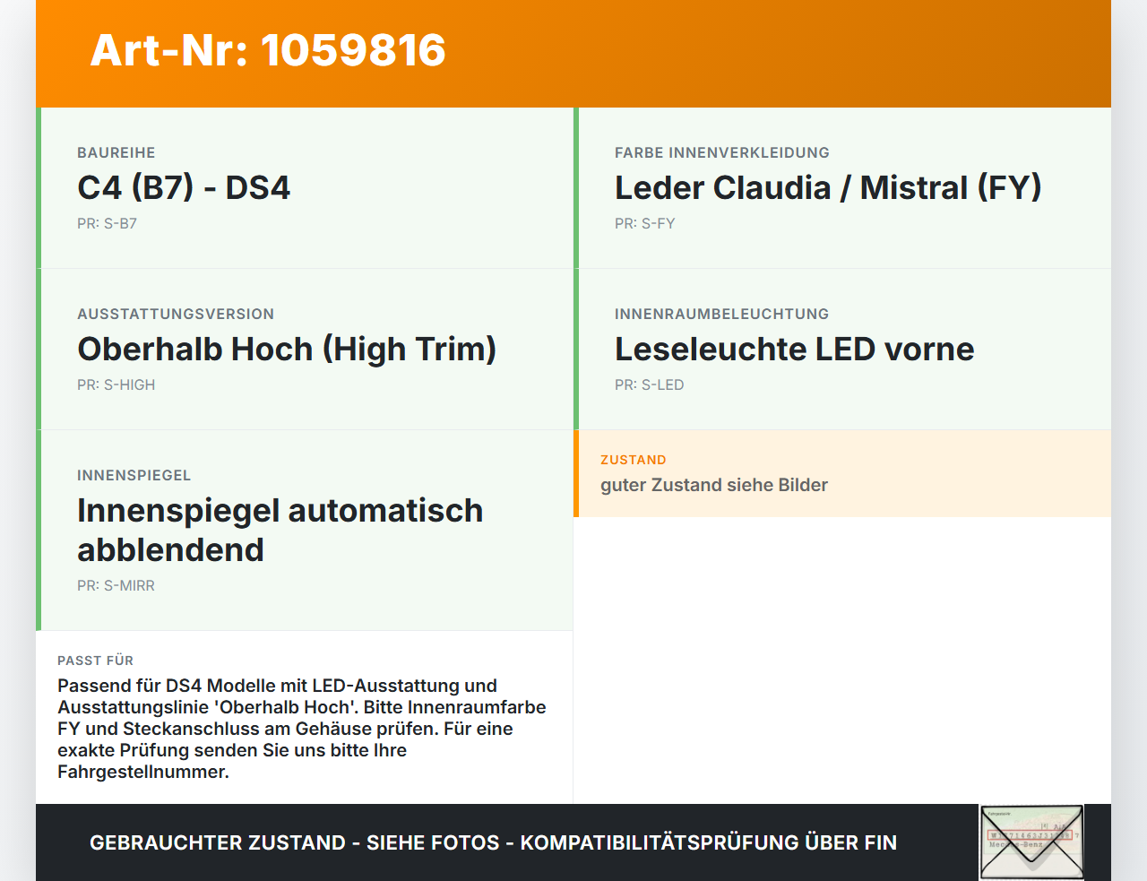Citroen DS4 NX 11-15 Innenleuchte Innenraumleuchte Leseleuchte LED Citroen DS4 NX 11-15 20.05.2011 9672044577 gebraucht Vorschau 3