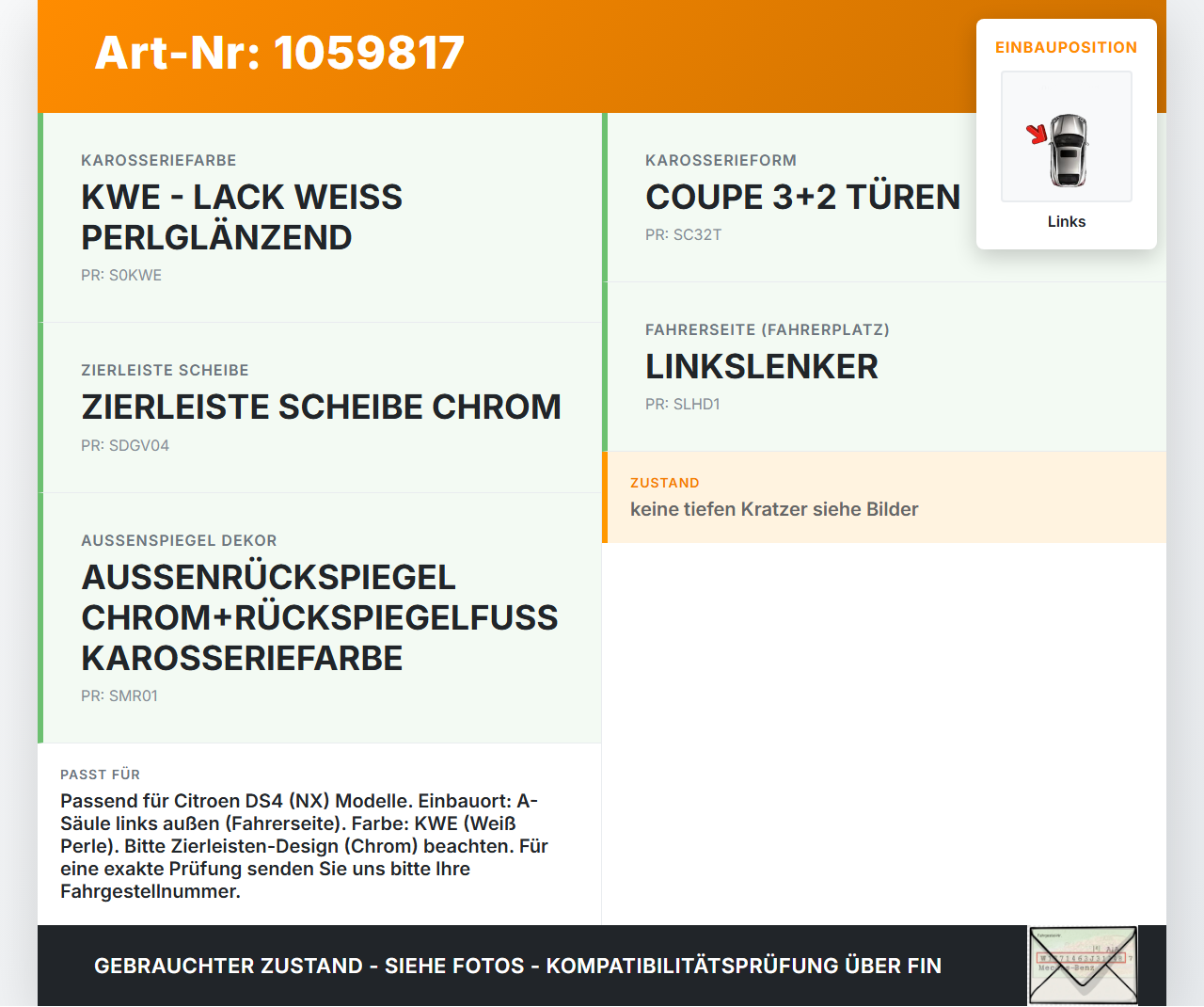 Citroen DS4 NX 11-15 Verkleidung Dreieck für A-Säule Links aussen KWE Citroen DS4 NX 11-15 20.05.2011 gebraucht Vorschau 3