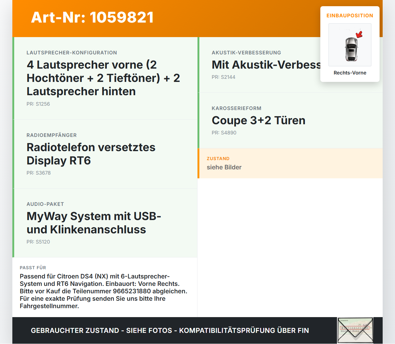 Citroen DS4 NX 11-15 Lautsprecher Rechts Vorne Citroen DS4 NX 11-15 20.05.2011 9665231880-01 904175495001 gebraucht Vorschau 3