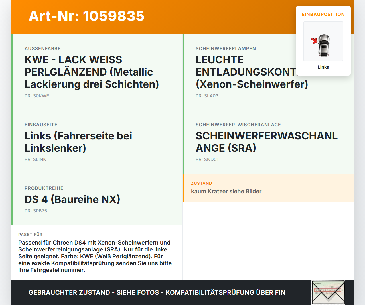 Citroen DS4 NX 11-15 Deckel Klappe Abdeckung für Waschdüse Scheinwerfer SRA Links Citroen DS4 NX 11-15 20.05.2011... Vorschau 3