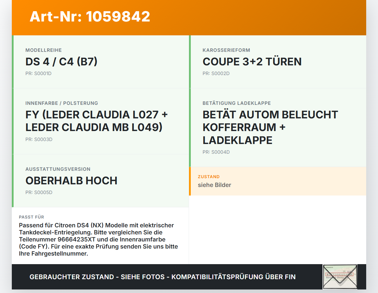 Citroen DS4 NX 11-15 Schalter Taste für Tankdeckel Citroen DS4 NX 11-15 20.05.2011 96664235XT gebraucht Vorschau 3