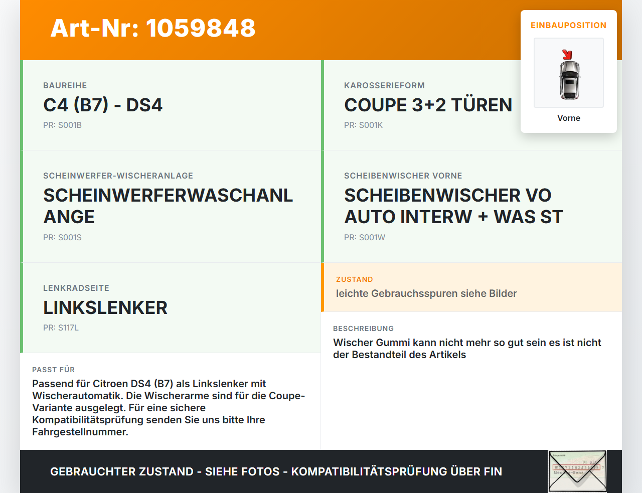 Citroen DS4 NX 11-15 2x Scheibenwischer Wischarm Vorne Citroen DS4 NX 11-15 20.05.2011 gebraucht Vorschau 3