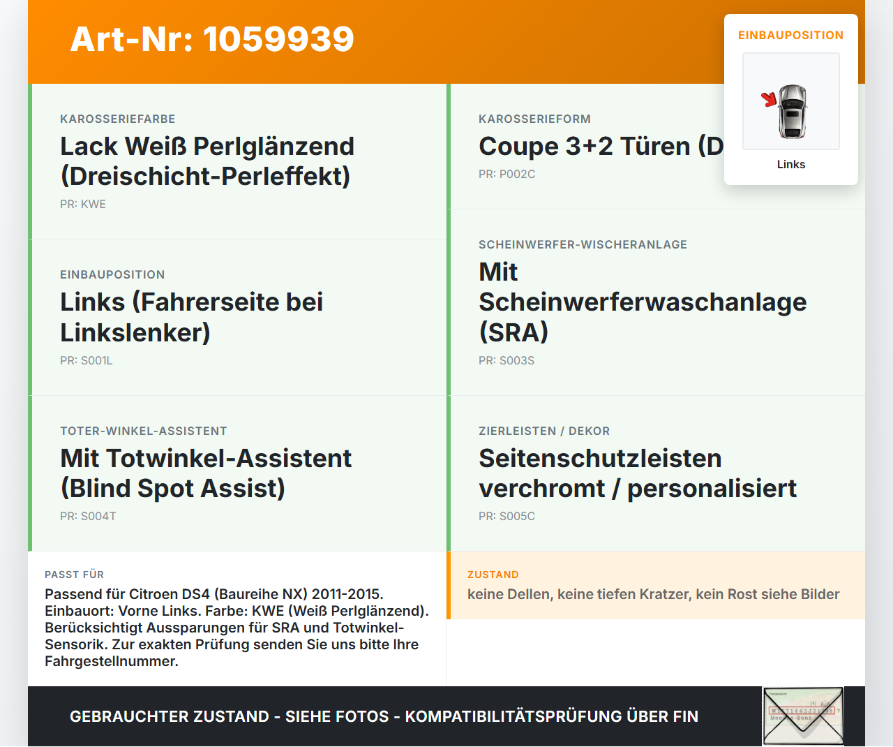 Citroen DS4 NX 11-15 Kotflügel Links KWE Citroen DS4 NX 11-15 20.05.2011 gebraucht Vorschau 3