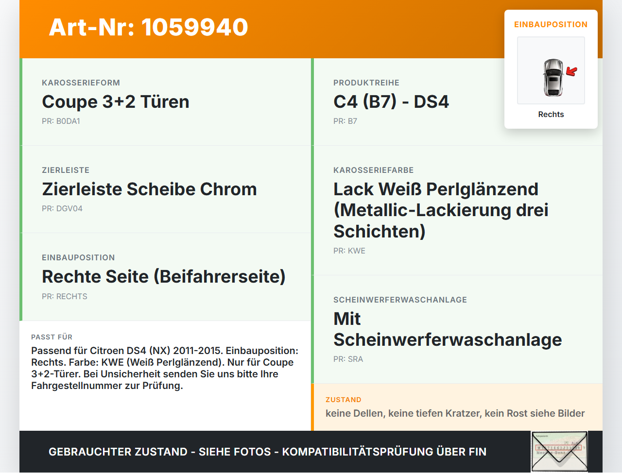 Citroen DS4 NX 11-15 Kotflügel Rechts KWE Citroen DS4 NX 11-15 20.05.2011 gebraucht Vorschau 3