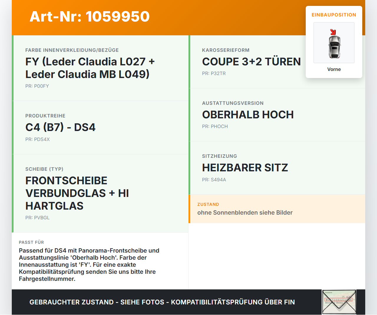 Citroen DS4 NX 11-15 Sonnenschutzrollo Rollo für Dach Panoramadach Vorne Citroen DS4 NX 11-15 20.05.2011 gebraucht Vorschau 3