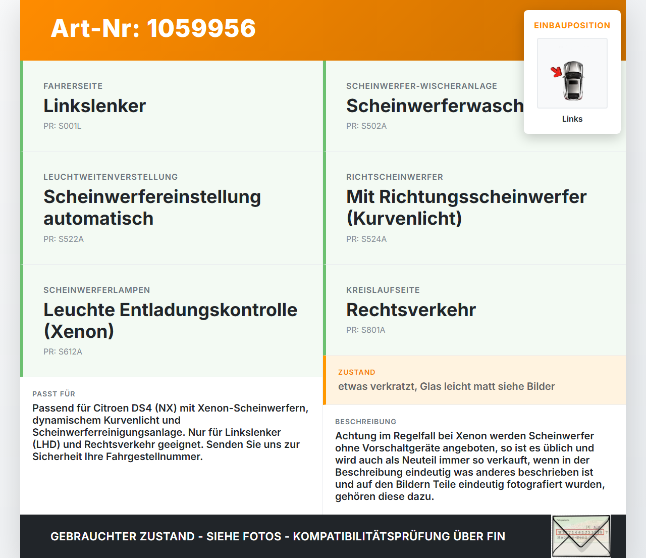 Citroen DS4 NX 11-15 Xenon Scheinwerfer Frontscheinwerfer Links Citroen DS4 NX 11-15 20.05.2011 9674905180-01... Vorschau 3