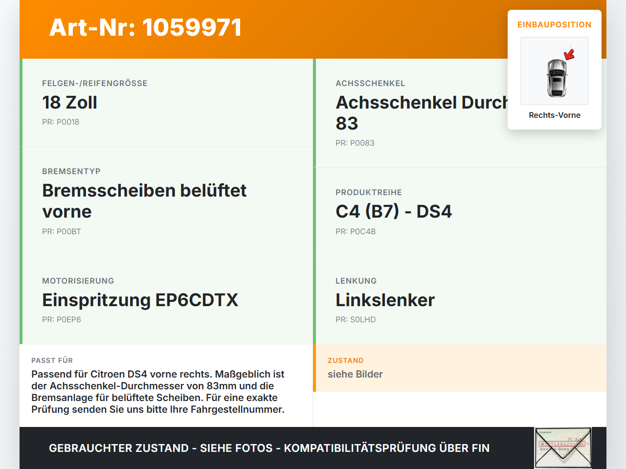 Citroen DS4 NX 11-15 1,6 115KW Achsschenkel mit Radnabe Rechts Vorne Citroen DS4 NX 11-15 20.05.2011 gebraucht Vorschau 3