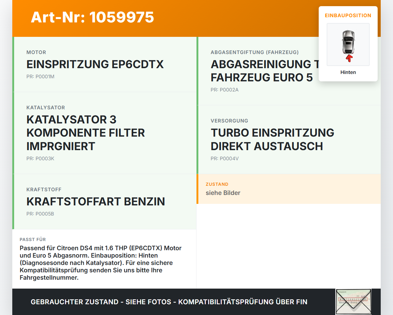 Citroen DS4 NX 11-15 1,6 115KW Lambdasonde Hinten Citroen DS4 NX 11-15 20.05.2011 7548961-04 gebraucht Vorschau 3