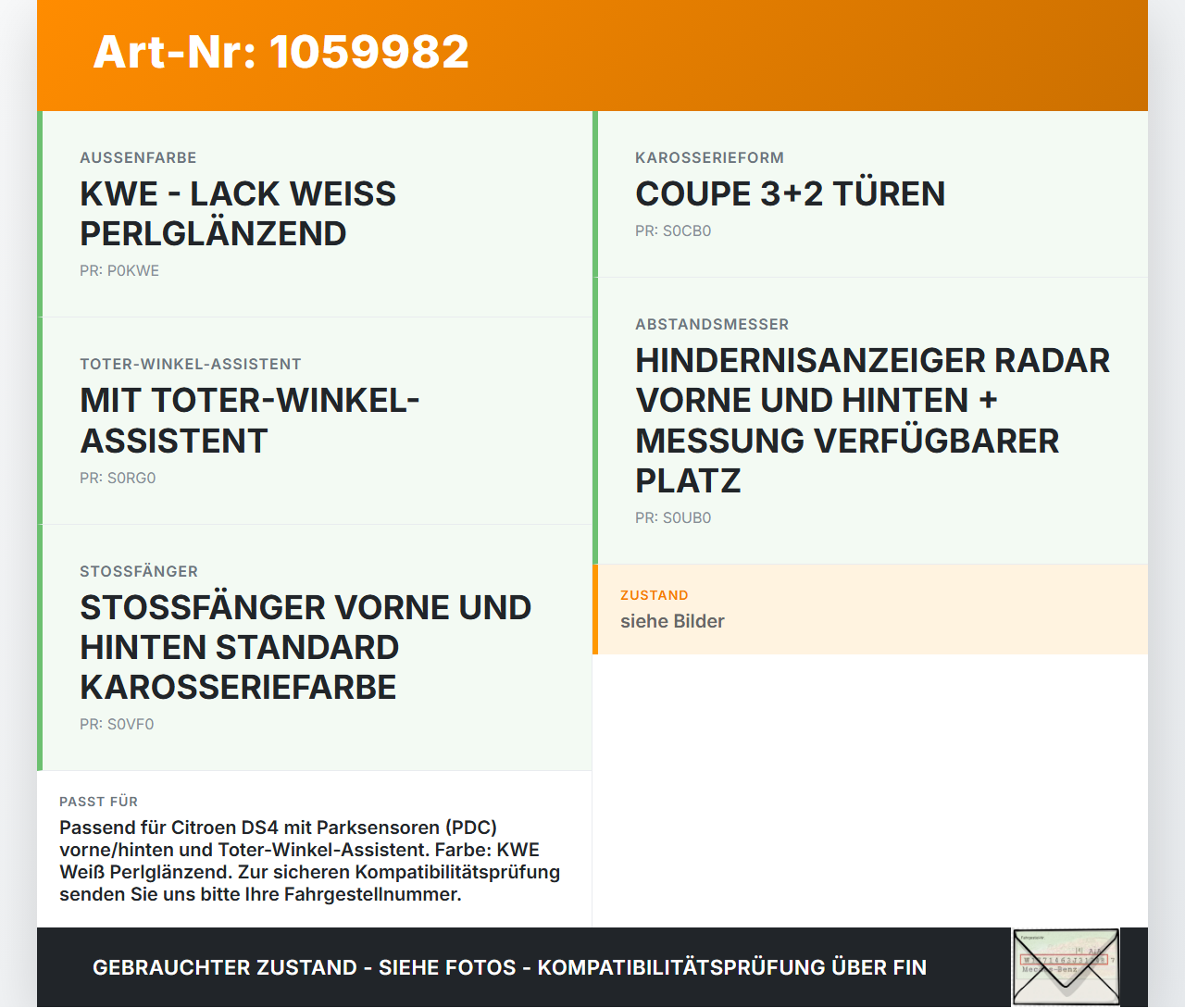 Citroen DS4 NX 11-15 Abstands Sensor Parksensor PDC RH1 Citroen DS4 NX 11-15 20.05.2011 9665468077 0263013158 gebraucht Vorschau 3