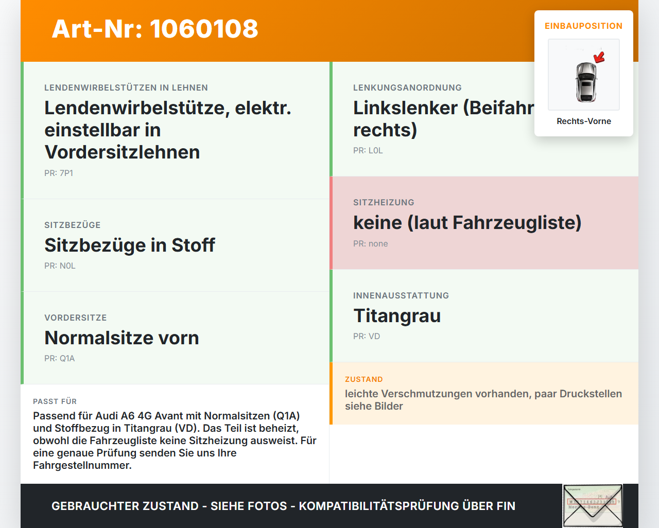 Audi A6 4G 11-14 Kombi Sitzpolster für Beifahrersitz Rechts Vorne beheizt Titangrau Audi A6 4G 11-14 11.04.2012... Vorschau 3