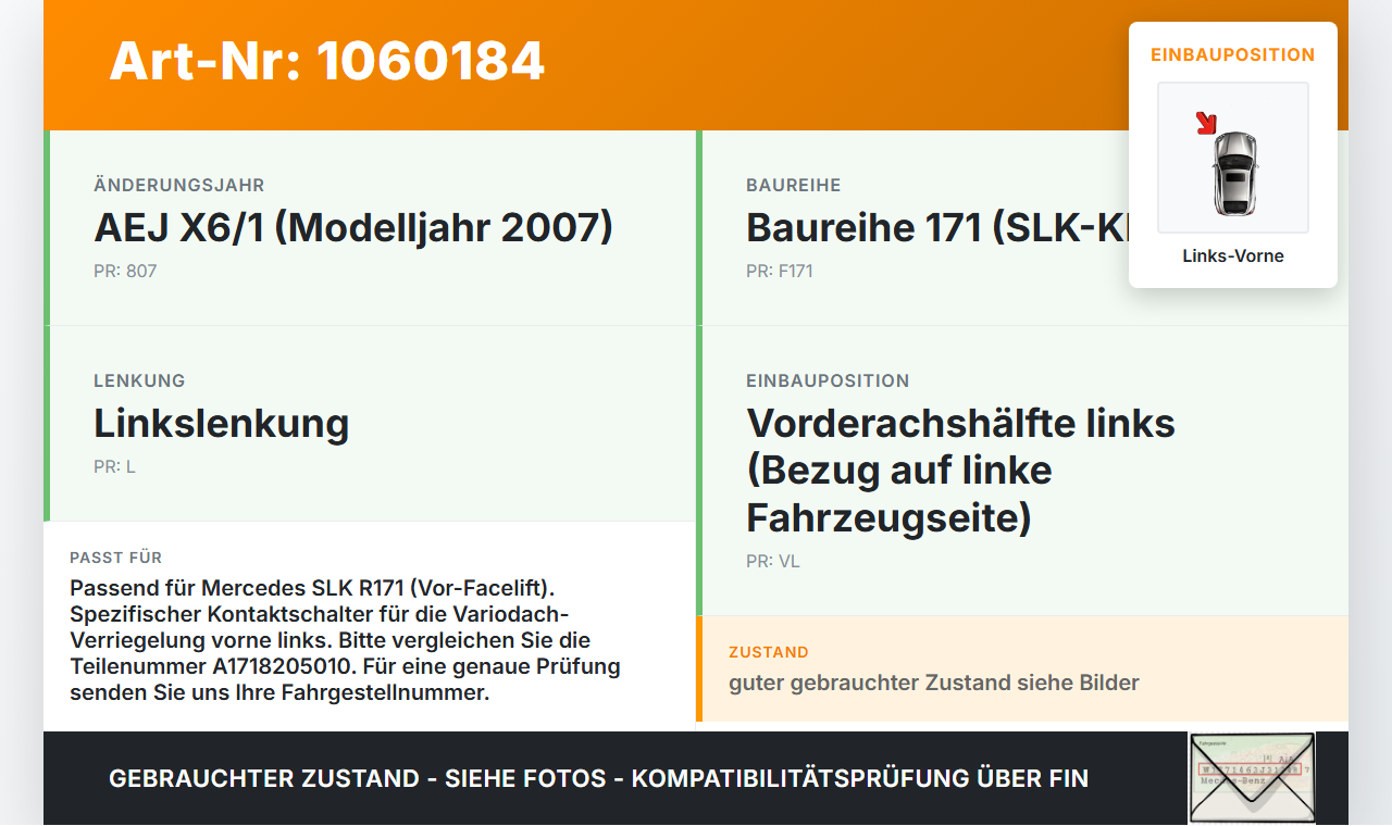 Mercedes SLK R171 04-08 Kontaktschalter Schalter für Verdeck Links Vorne Mercedes SLK R171 04-08 23.11.2006... Vorschau 3