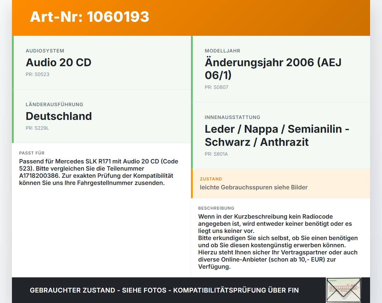 Mercedes SLK R171 04-08 Autoradio CD-Radio MF2420 Mercedes SLK R171 04-08 23.11.2006 A1718200386 gebraucht Vorschau 3