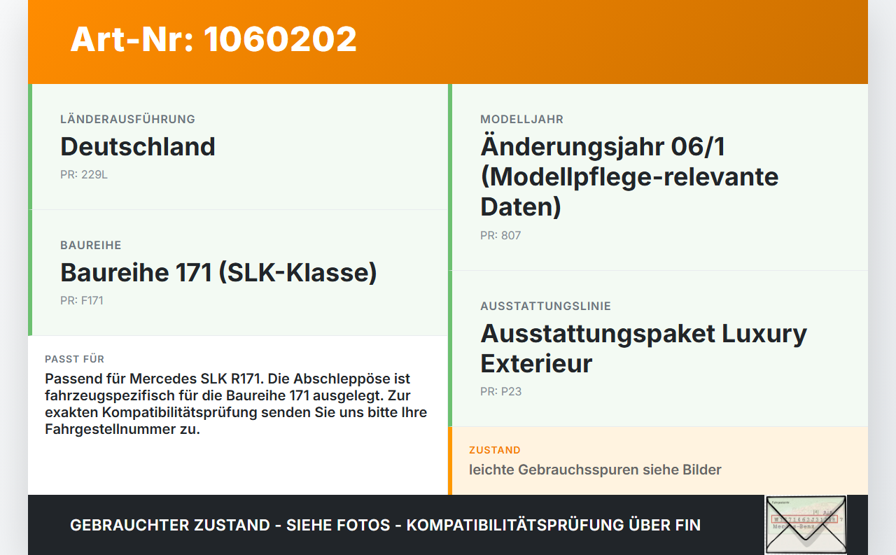 Mercedes SLK R171 04-08 Abschleppöse Abschlepphaken Mercedes SLK R171 04-08 23.11.2006 gebraucht Vorschau 3