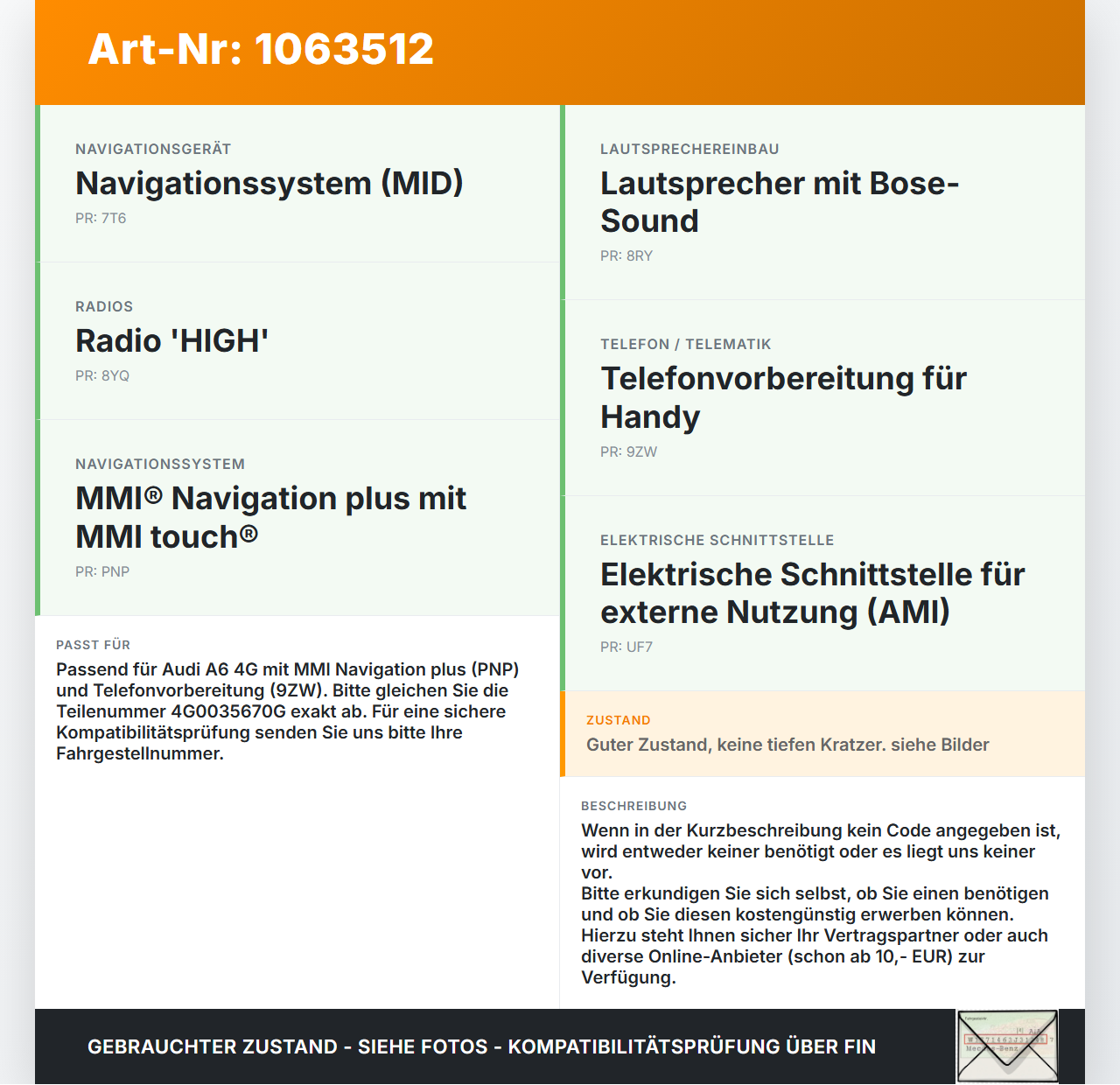 Audi A6 4G C7 11-14 qu Navigationssystem Navi MMI3G Audi A6 4G C7 11-14 qu 31.01.2012 4G0035670G 9428AX0C7537117... Vorschau 3