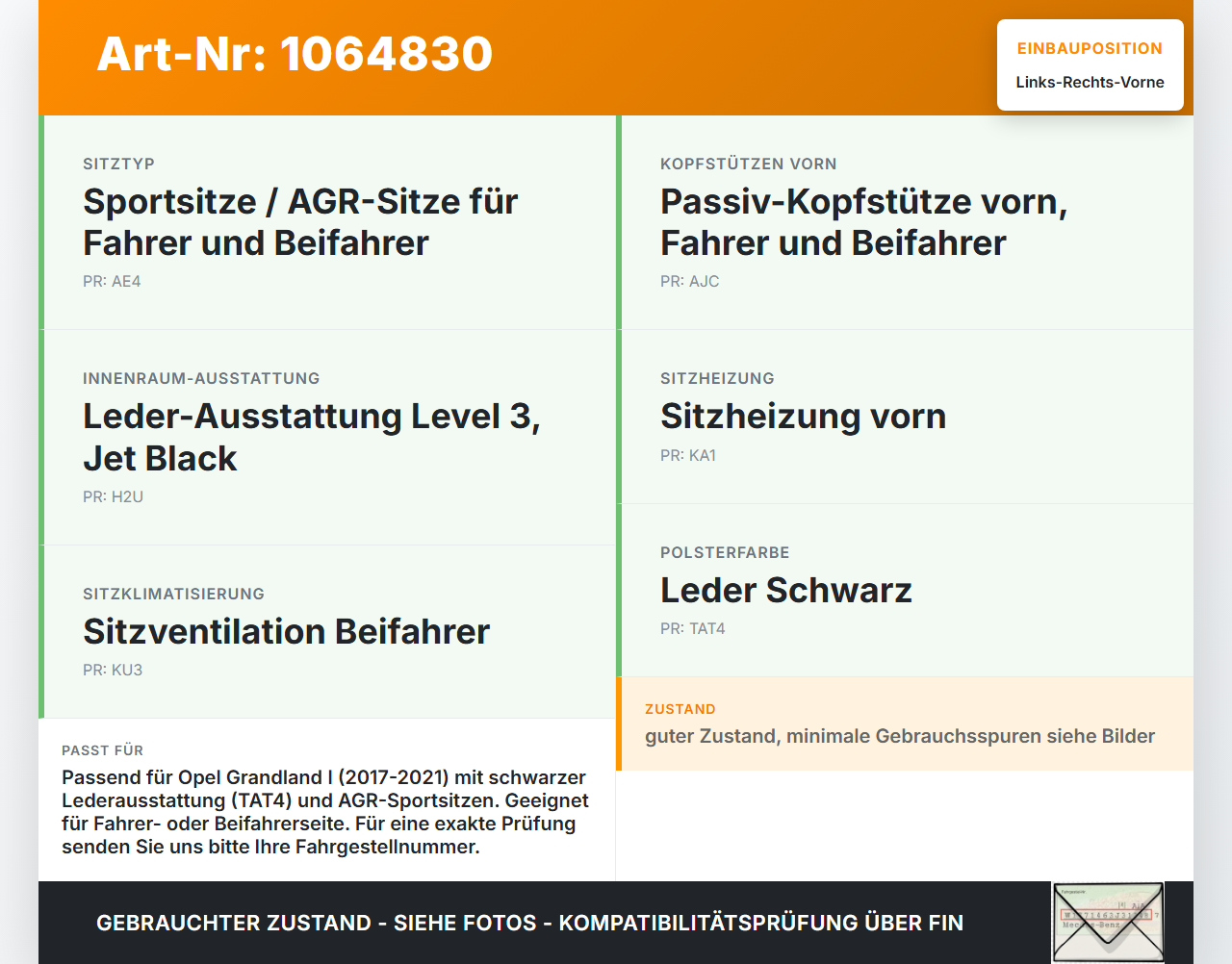 Opel Grandland I 17-21  Leder Kopfstütze für Beifahrer Sitz Rechts oder Links Vorne Opel Grandland I 17-21... Vorschau 3