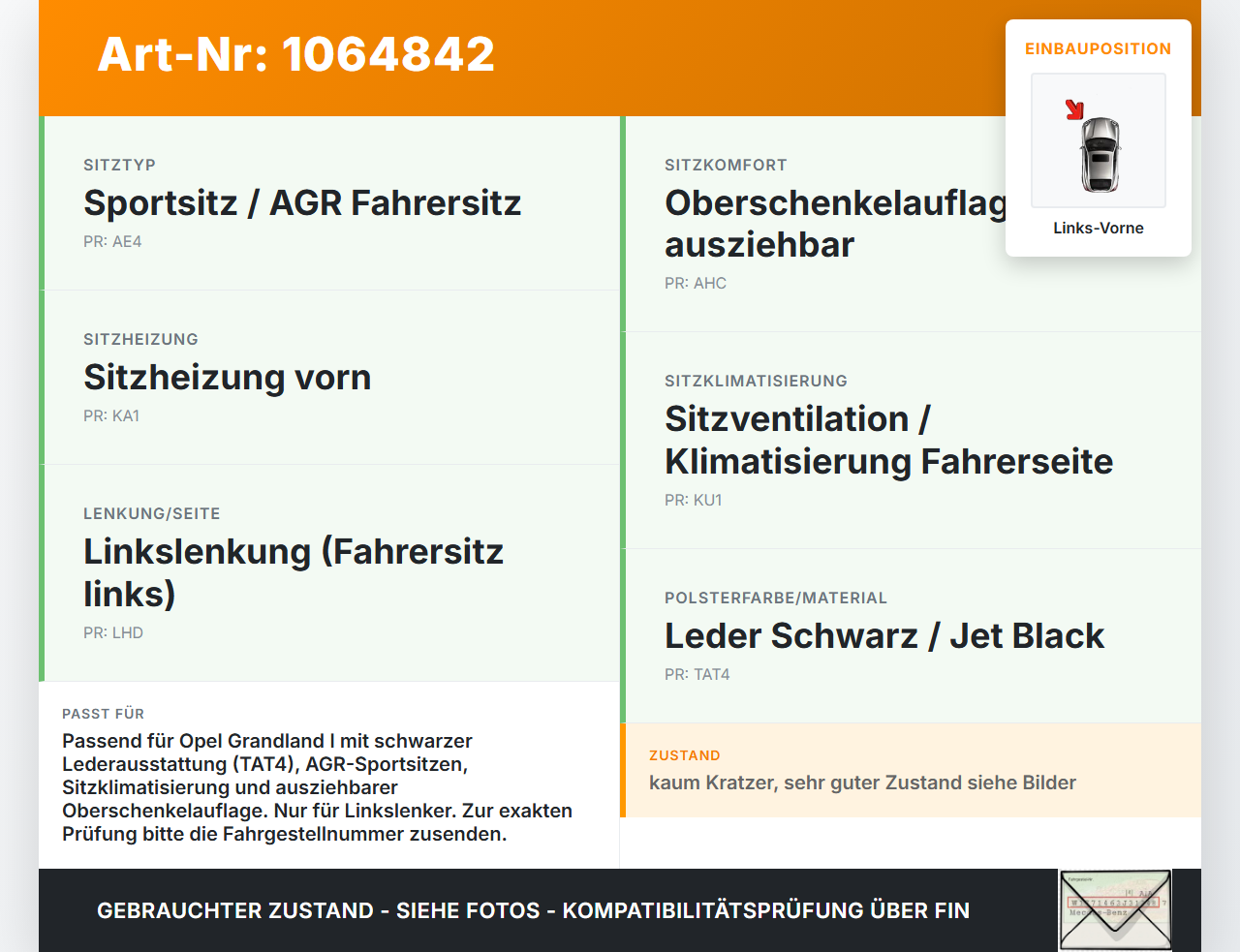 Opel Grandland I 17-21  Leder Sitzbezug Sitzpolster für Fahrersitz Sitz Links Vorne beheizt Opel Grandland I 17-21... Vorschau 3