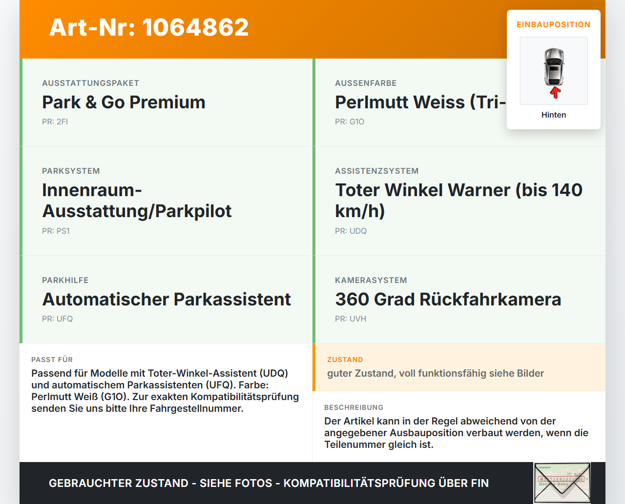 Opel Grandland I 17-21 Abstands Sensor Parksensor PDC Pos.1 Aussen Hinten G1O Opel Grandland I 17-21 29.03.2018... Vorschau 3