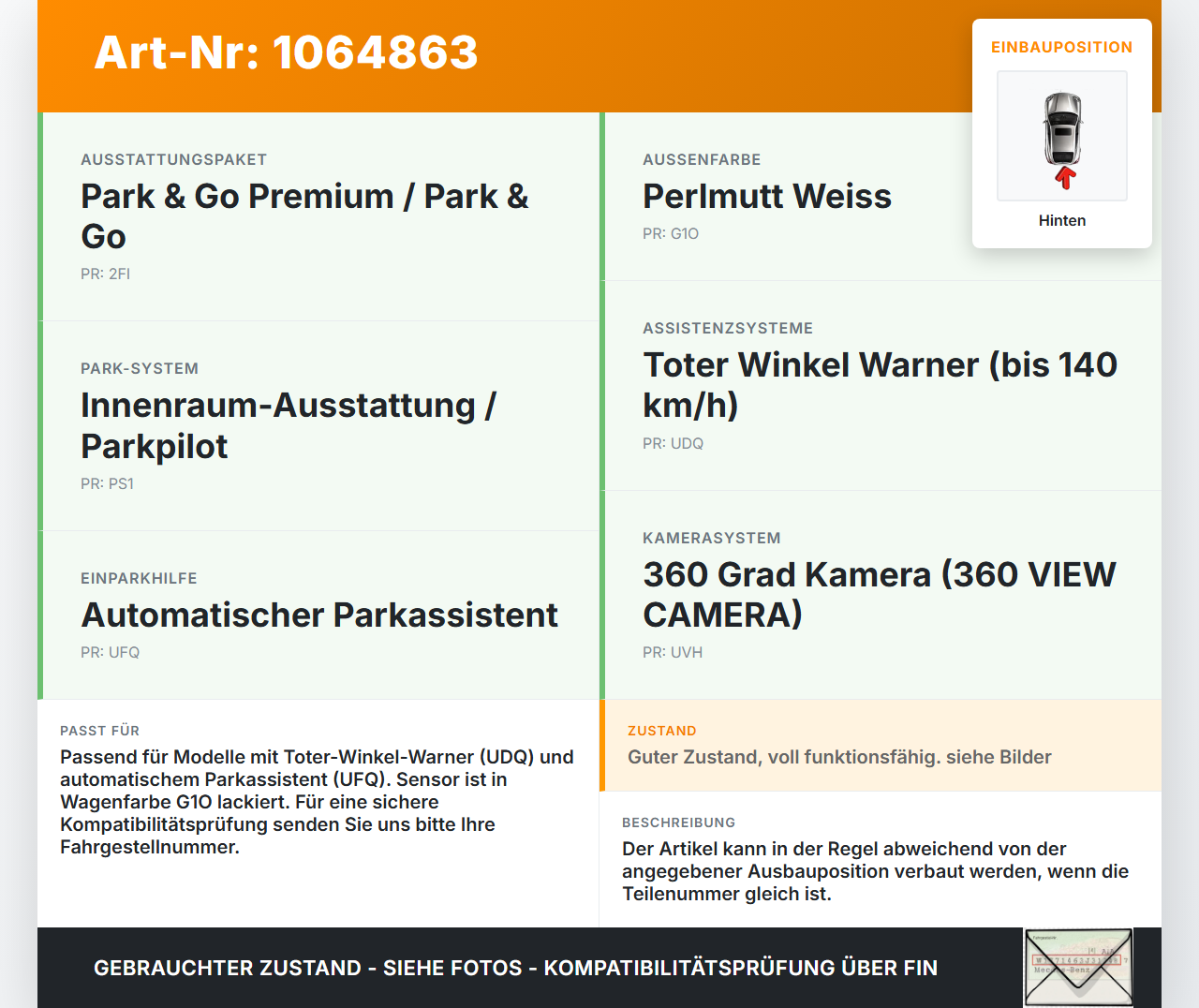 Opel Grandland I 17-21 Abstands Sensor Parksensor PDC Pos.1 Seitlich Hinten G1O Opel Grandland I 17-21 29.03.2018... Vorschau 3