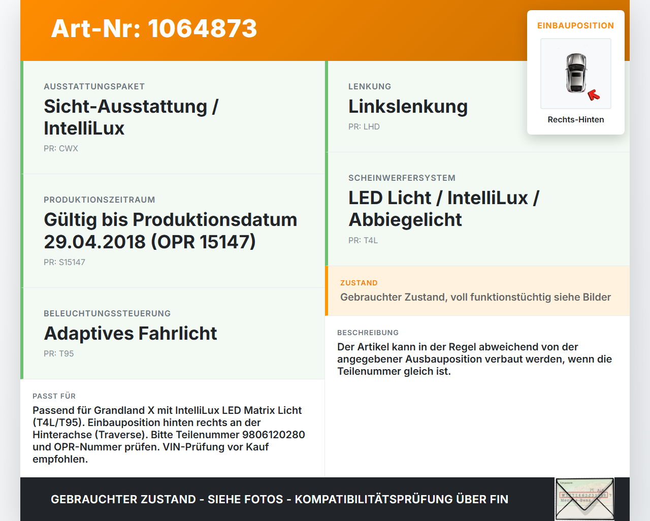 Opel Grandland I 17-21 Xenon LWR Sensor Neigung Hinten Rechts Opel Grandland I 17-21 29.03.2018 9806120280... Vorschau 3