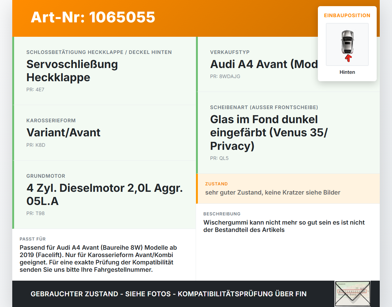 Audi A4 8W 19-24 Kombi Heckwischer Scheibenwischer Hinten Wischarm Audi A4 8W 19-24 27.01.2020 8W9955407 gebraucht Vorschau 3
