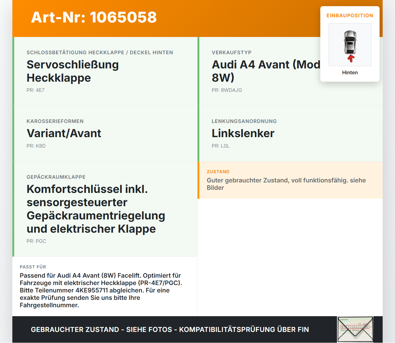 Audi A4 8W 19-24 Kombi Wischermotor Hinten Heckwischermotor Audi A4 8W 19-24 27.01.2020 4KE955711 W000102496 gebraucht Vorschau 3