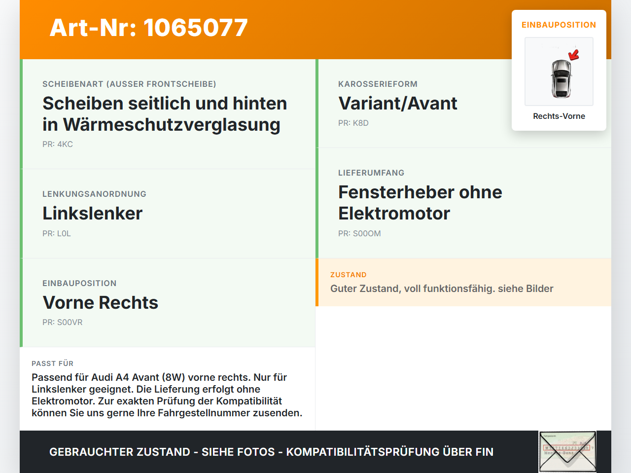 Audi A4 8W 19-24 Kombi Fensterheber o. FH-Motor Rechts Vorne Audi A4 8W 19-24 27.01.2020 8W0837462 1021-C28036-105... Vorschau 3