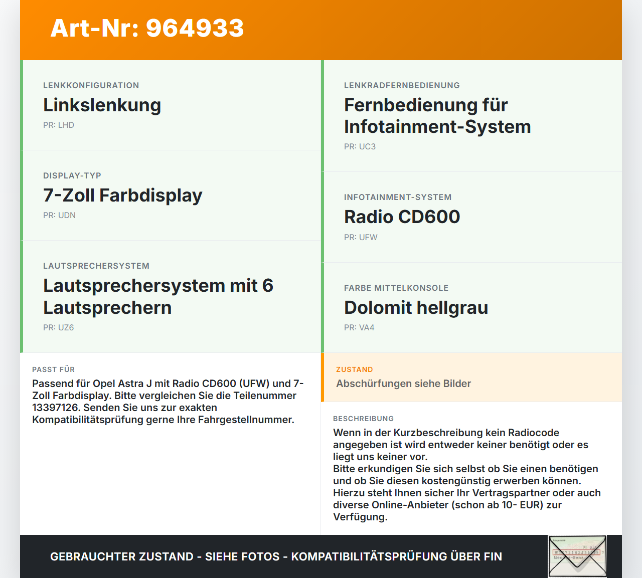 Opel Astra J 12-18 Radio Radiobedienteil Autoradio CD-Radio Opel Astra J 12-18 02.10.2014 13397126 28365479 gebraucht Vorschau 3