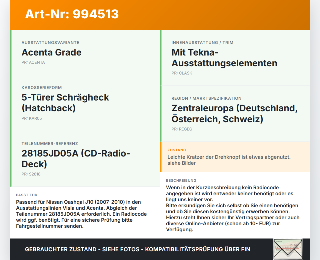 Nissan Qashqai J10 07-10 Autoradio CD-Radio Nissan Qashqai J10 07-10 30.06.2009 28185JD05A 28185-JD05A gebraucht Vorschau 3