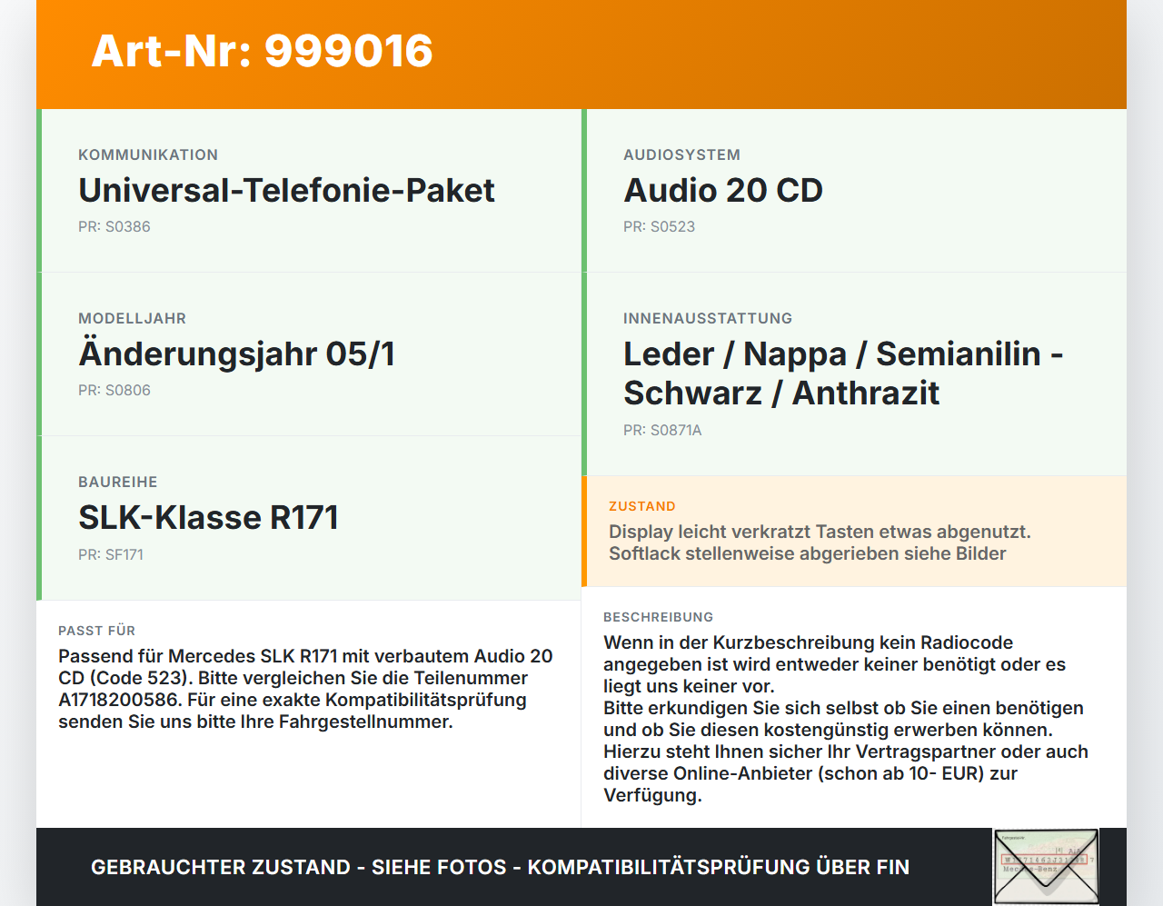 Mercedes R171 SLK 200 04-08 Autoradio CD-Radio Audio 20 Mercedes R171 SLK 200 04-08 03.08.2005 A1718200586 MF2420... Vorschau 3