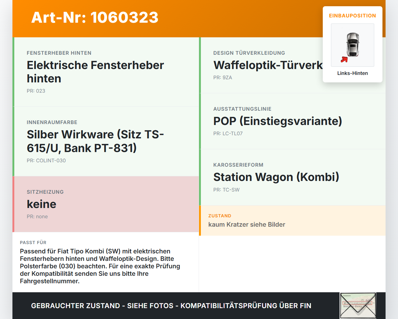 Fiat Tipo II 357 16-20 Kombi Türverkleidung Links Hinten Fiat Tipo II 357 16-20 26.11.2018  gebraucht Vorschau 3