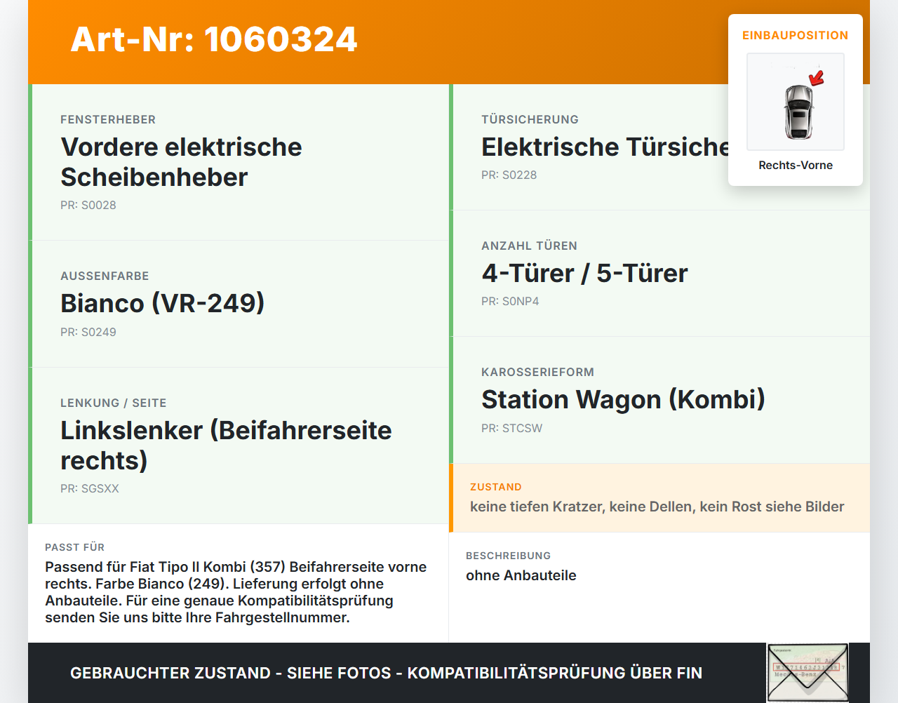 Fiat Tipo II 357 16-20 Kombi Tür Beifahrertür Rechts Vorne 249 Fiat Tipo II 357 16-20 26.11.2018  - gebraucht Vorschau 3