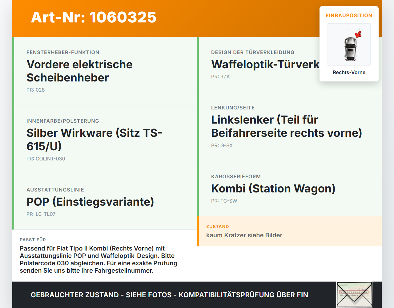 Fiat Tipo II 357 16-20 Kombi Türverkleidung Türpappe Rechts Vorne Fiat Tipo II 357 16-20 26.11.2018  gebraucht Vorschau 3
