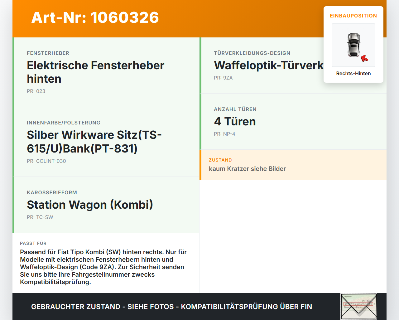 Fiat Tipo II 357 16-20 Kombi Türverkleidung Türpappe Rechts Hinten Fiat Tipo II 357 16-20 26.11.2018  gebraucht Vorschau 3