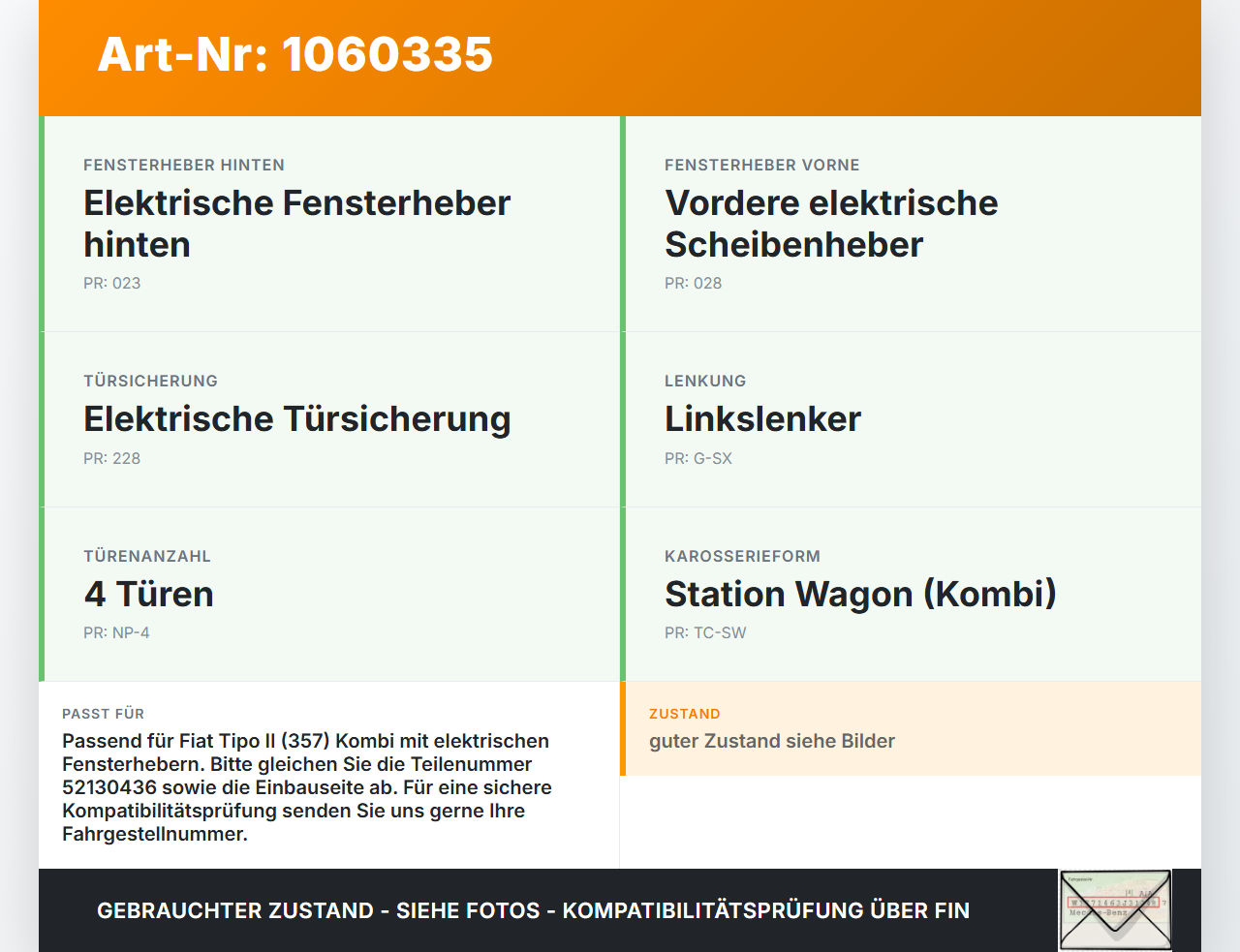 Fiat Tipo II 357 16-20 Kombi Fensterhebermotor mit Fensterheber Fiat Tipo II 357 16-20 26.11.2018  00521304360 gebraucht Vorschau 3