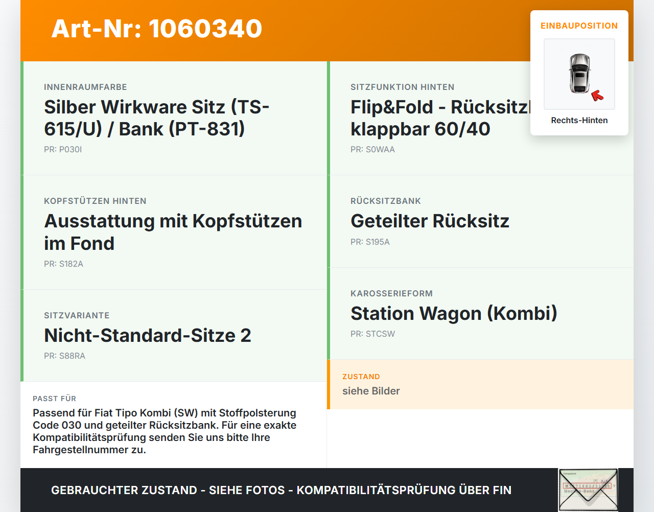 Fiat Tipo II 357 16-20 Kopfstütze Stoff Schwarz Rechts Hinten Fiat Tipo II 357 16-20 26.11.2018  gebraucht Vorschau 3