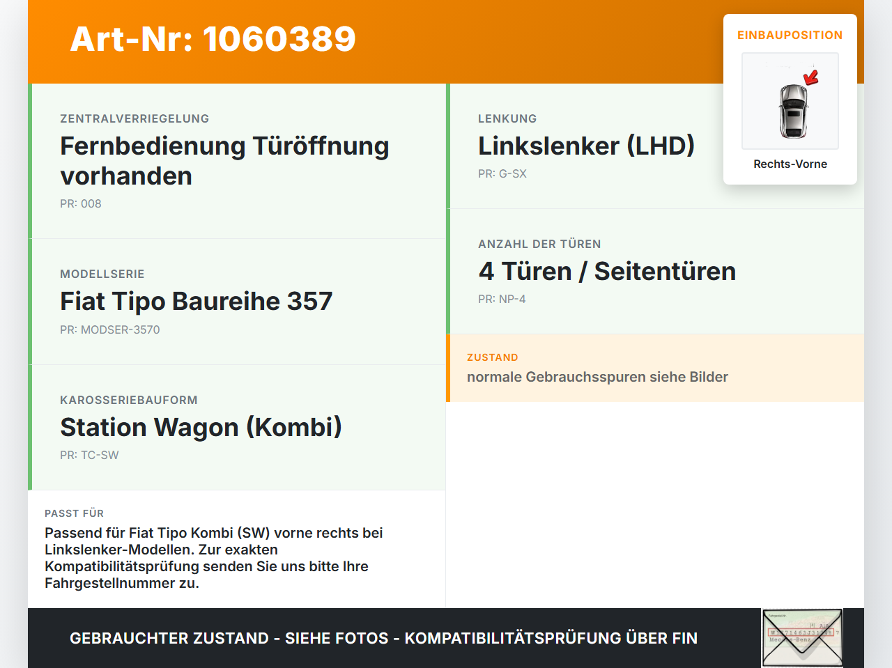 Fiat Tipo II 357 16-20 Kombi Türfangband Türbremse Rechts Vorne Fiat Tipo II 357 16-20 26.11.2018  gebraucht Vorschau 3