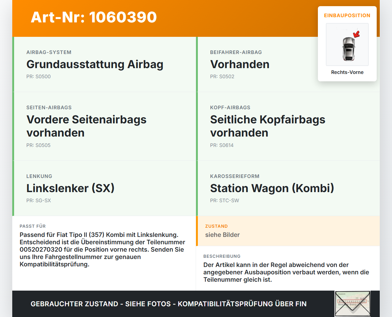 Fiat Tipo II 357 16-20 Airbagsensor Crashsensor Rechts Vorne Fiat Tipo II 357 16-20 26.11.2018  00520270320... Vorschau 3
