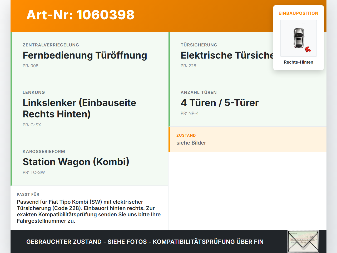 Fiat Tipo II 357 16-20 Kombi Türschloss Stellmotor Rechts Hinten Fiat Tipo II 357 16-20 26.11.2018  gebraucht Vorschau 3