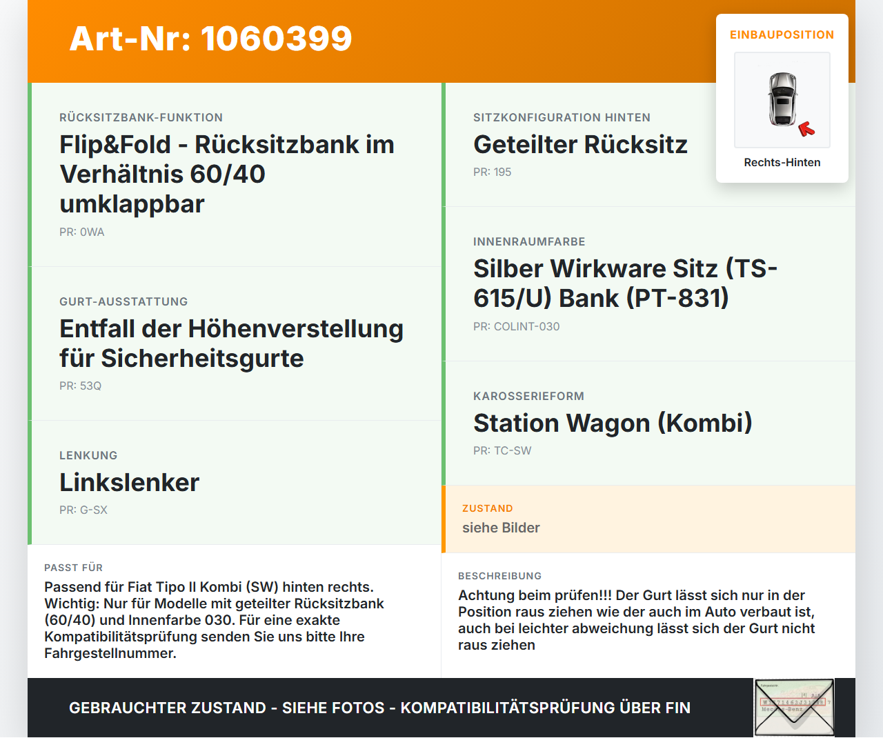 Fiat Tipo II 357 16-20 Kombi Sicherheitsgurt Rechts Hinten Fiat Tipo II 357 16-20 26.11.2018  7356919670 633910600... Vorschau 3