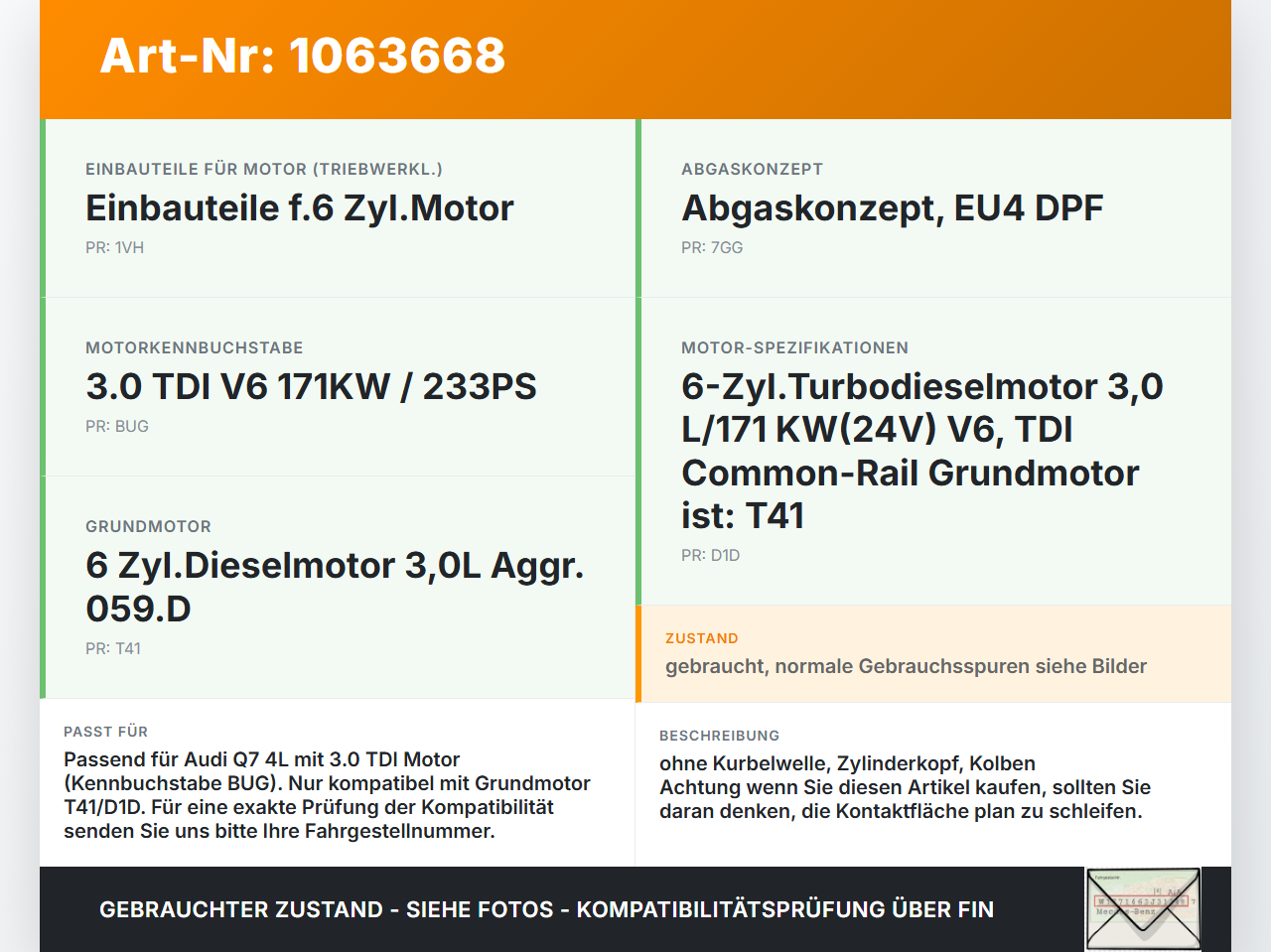 Audi Q7 4L 05-09 TDI 3,0 171KW BUG Motorblock für Motor Audi Q7 4L 05-09 26.06.2007 059103011EJ gebraucht Vorschau 3