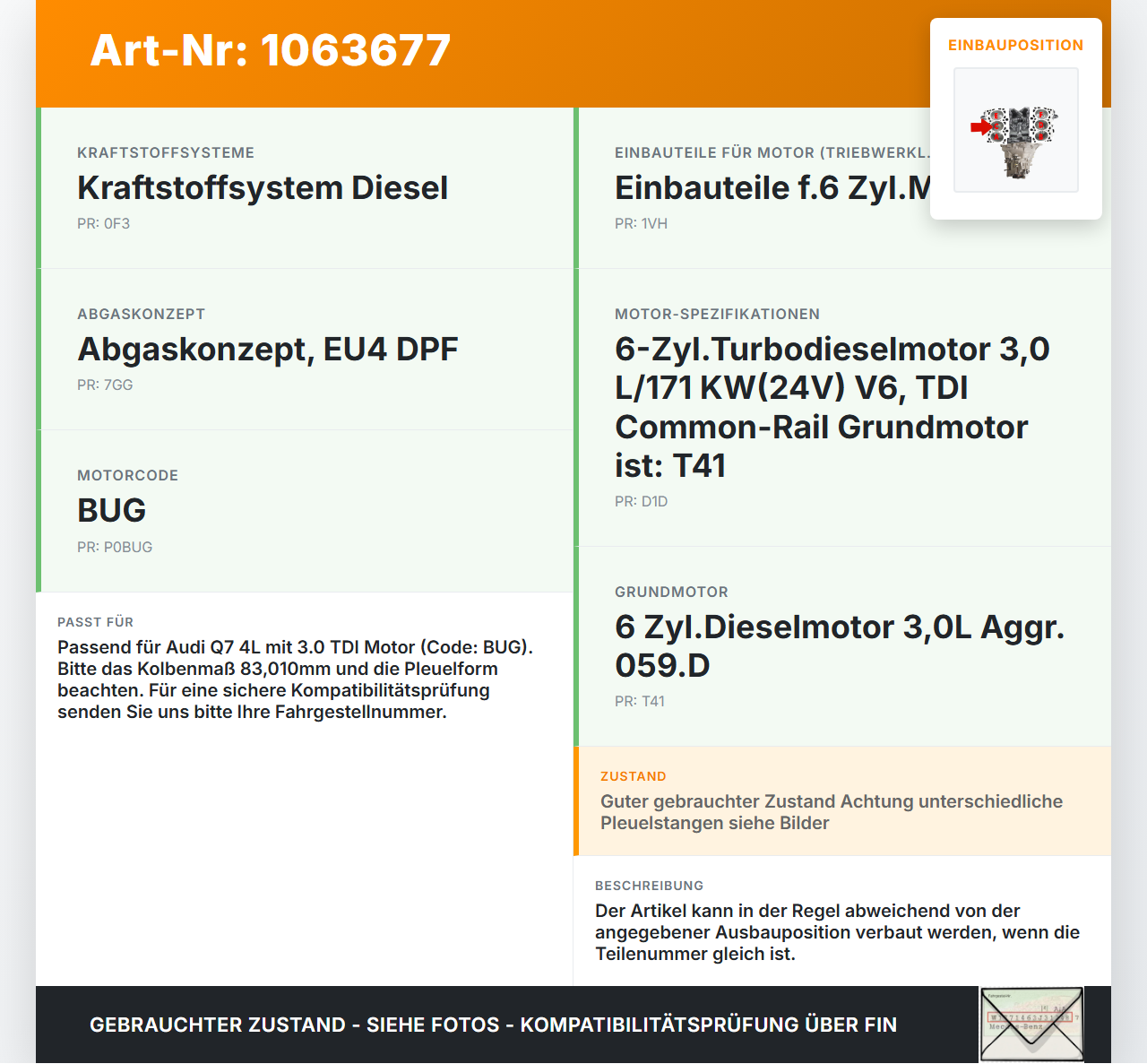 Audi Q7 4L 05-09 TDI 3,0 171KW BUG Kolben mit Pleuel Pos C 3-4 Audi Q7 4L 05-09 26.06.2007 059107065BJ gebraucht Vorschau 3