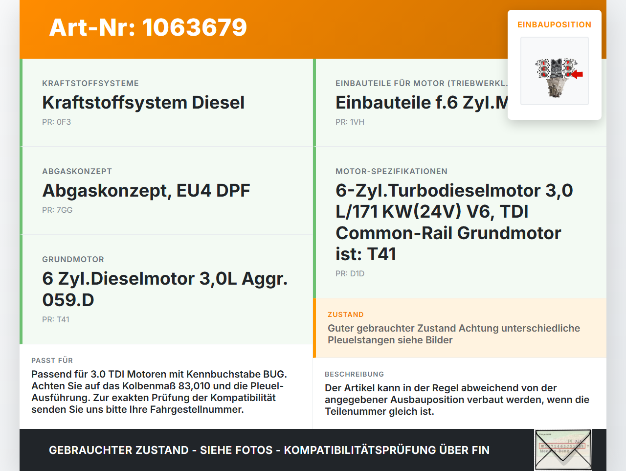 Audi Q7 4L 05-09 TDI 3,0 171KW BUG Kolben mit Pleuel Pos B 3-4 Audi Q7 4L 05-09 26.06.2007 059107065BJ gebraucht Vorschau 3